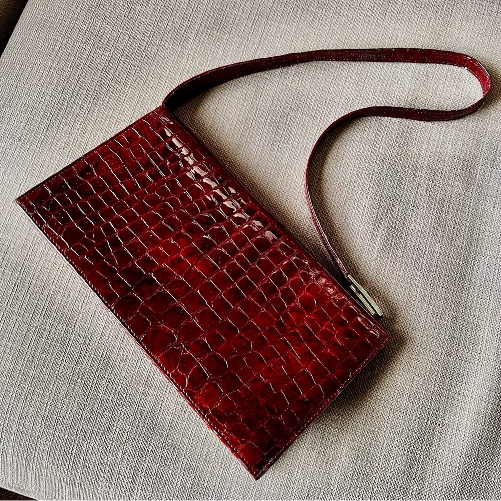 BCBG Max Azria - Oxblood Red Crocodile-Embossed Italian Leather Shoulder Bag